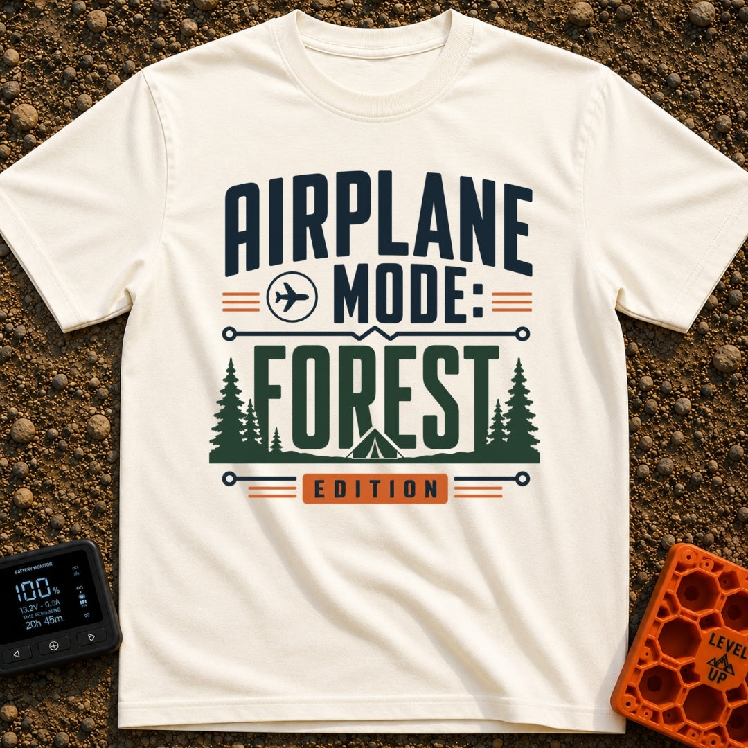 Forest On Airplane Mode - T-Shirt in Ivory - A typographic design reading "AIRPLANE MODE: FOREST EDITION" featuring an...