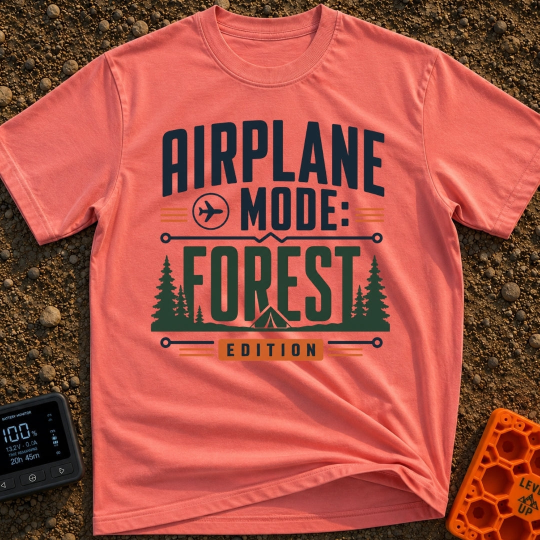 Forest On Airplane Mode - T-Shirt in Watermelon - A typographic design reading "AIRPLANE MODE: FOREST EDITION" featuring...