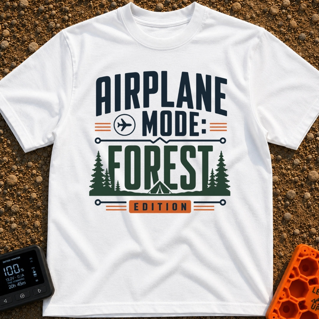 Forest On Airplane Mode - T-Shirt in White - A typographic design reading "AIRPLANE MODE: FOREST EDITION" featuring an...