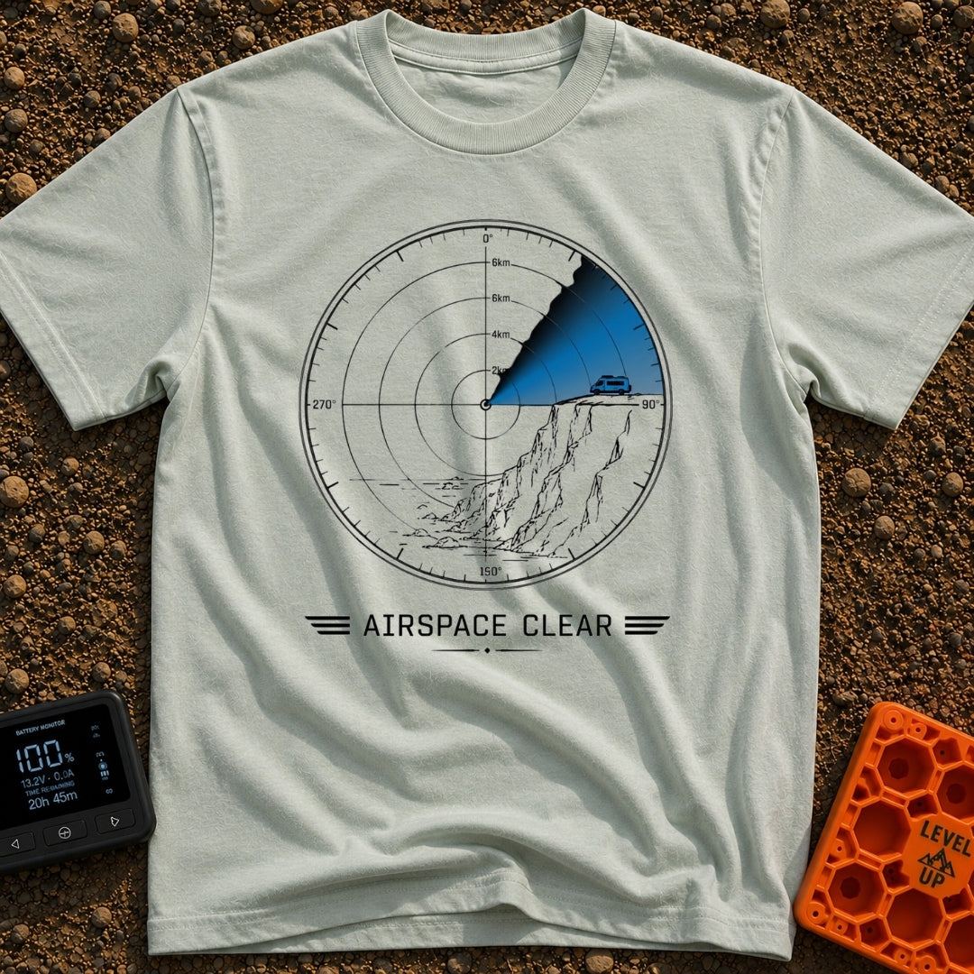 Under The Radar - T-Shirt in Bay - A circular radar screen graphic showing an illustration of a rocky cliff overlooking...