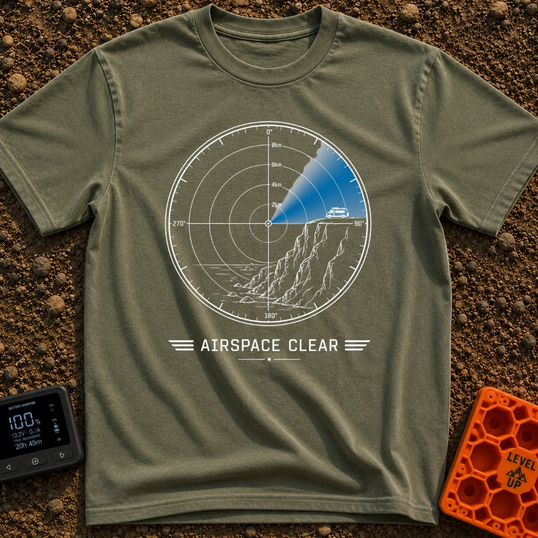 Under The Radar - T-Shirt in Moss - A circular radar screen graphic showing an illustration of a rocky cliff overlooking...