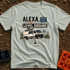 Alexa Level Up - T-Shirt in Bay - A white camper van with a roof-mounted solar panel is parked on orange leveling blocks...