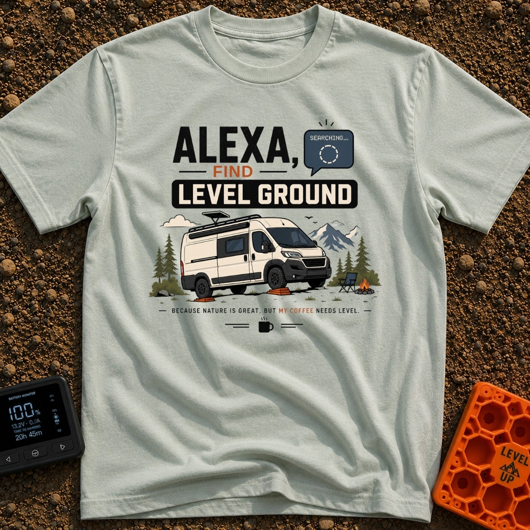 Alexa Level Up - T-Shirt in Bay - A white camper van with a roof-mounted solar panel is parked on orange leveling blocks...
