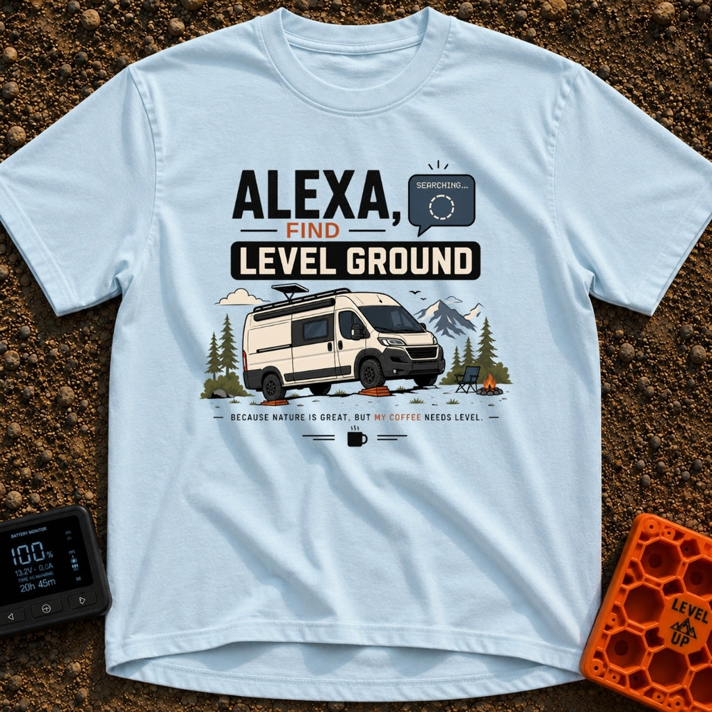 Alexa Level Up - T-Shirt in Chambray - A white camper van with a roof-mounted solar panel is parked on orange leveling...