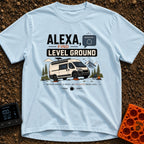 Alexa Level Up - T-Shirt in Chambray - A white camper van with a roof-mounted solar panel is parked on orange leveling...