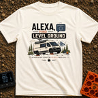 Alexa Level Up - T-Shirt in Ivory - A white camper van with a roof-mounted solar panel is parked on orange leveling...