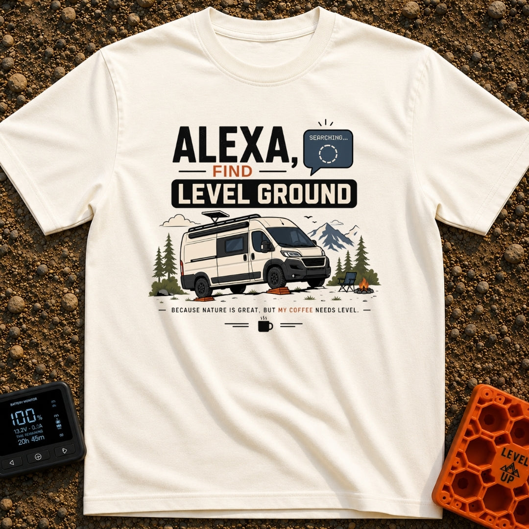 Alexa Level Up - T-Shirt in Ivory - A white camper van with a roof-mounted solar panel is parked on orange leveling...