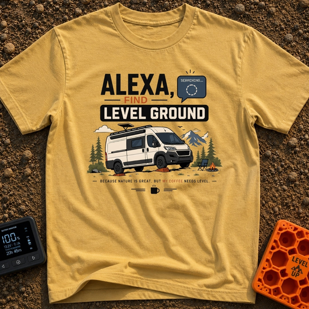 Alexa Level Up - T-Shirt in Mustard - A white camper van with a roof-mounted solar panel is parked on orange leveling...
