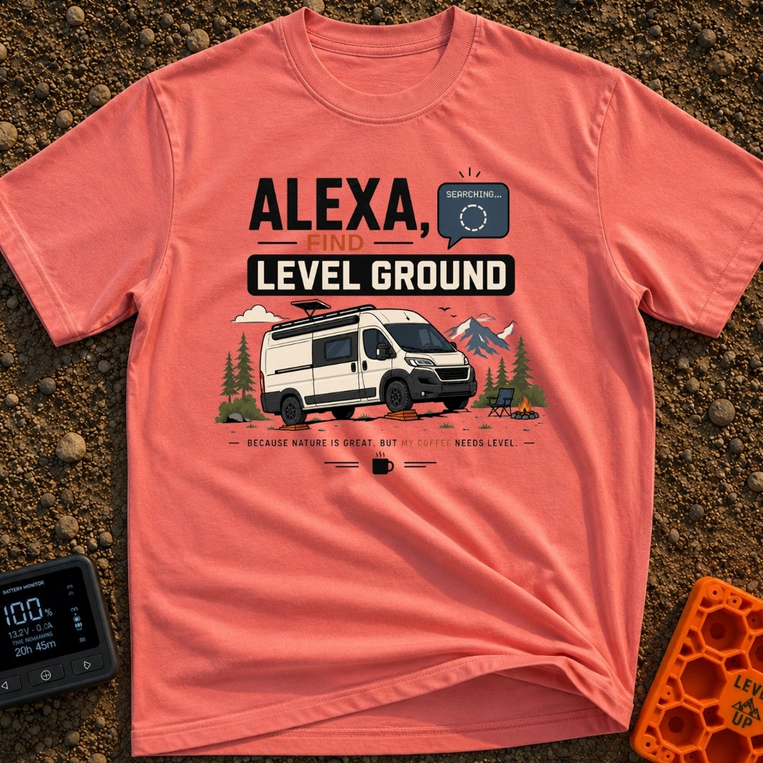 Alexa Level Up - T-Shirt in Watermelon - A white camper van with a roof-mounted solar panel is parked on orange leveling...