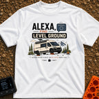 Alexa Level Up - T-Shirt in White - A white camper van with a roof-mounted solar panel is parked on orange leveling...
