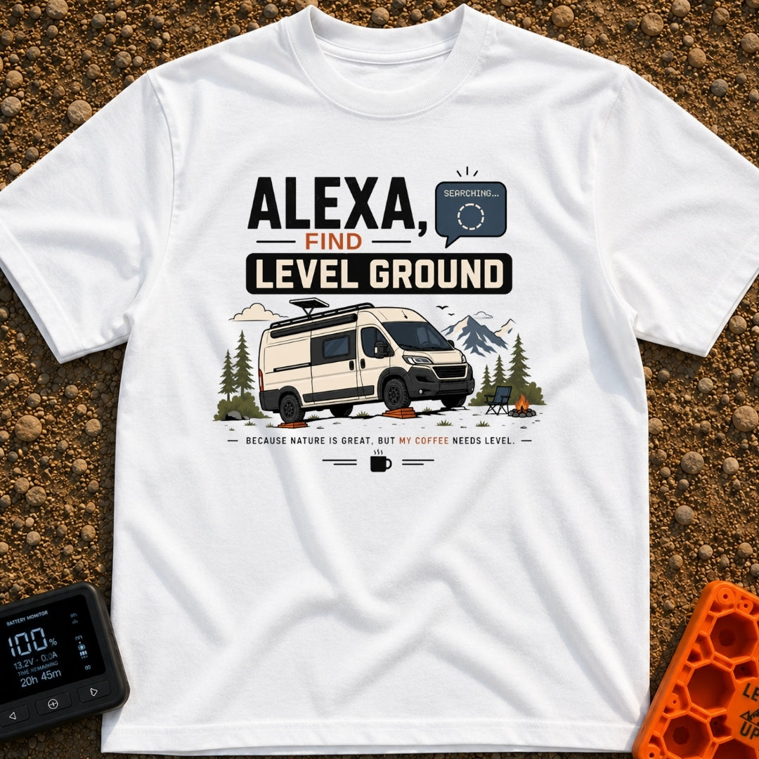 Alexa Level Up - T-Shirt in White - A white camper van with a roof-mounted solar panel is parked on orange leveling...