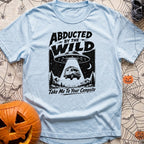 Beam Me Off Grid - T-Shirt in Chambray - A black and white illustration showing a flying saucer hovering in a starry...