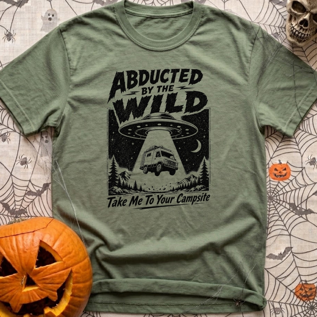 Beam Me Off Grid - T-Shirt in Moss - A black and white illustration showing a flying saucer hovering in a starry night...