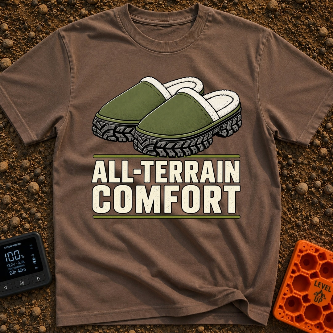 Four Wheel Lounge - T-Shirt in Espresso - An illustration of a pair of green, fleece-lined slippers that have thick,...