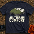 Four Wheel Lounge - T-Shirt in Navy - An illustration of a pair of green, fleece-lined slippers that have thick,...