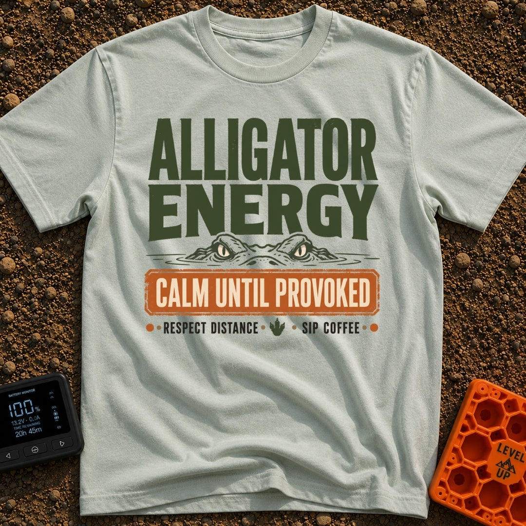 Calm Until Provoked - T-Shirt in Bay - The artwork features the top half of an alligator's head with its eyes peering...