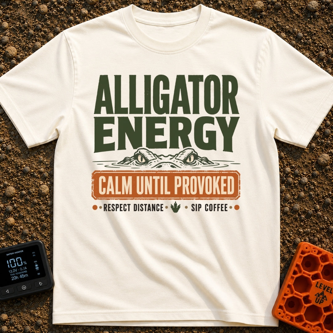 Calm Until Provoked - T-Shirt in Ivory - The artwork features the top half of an alligator's head with its eyes peering...
