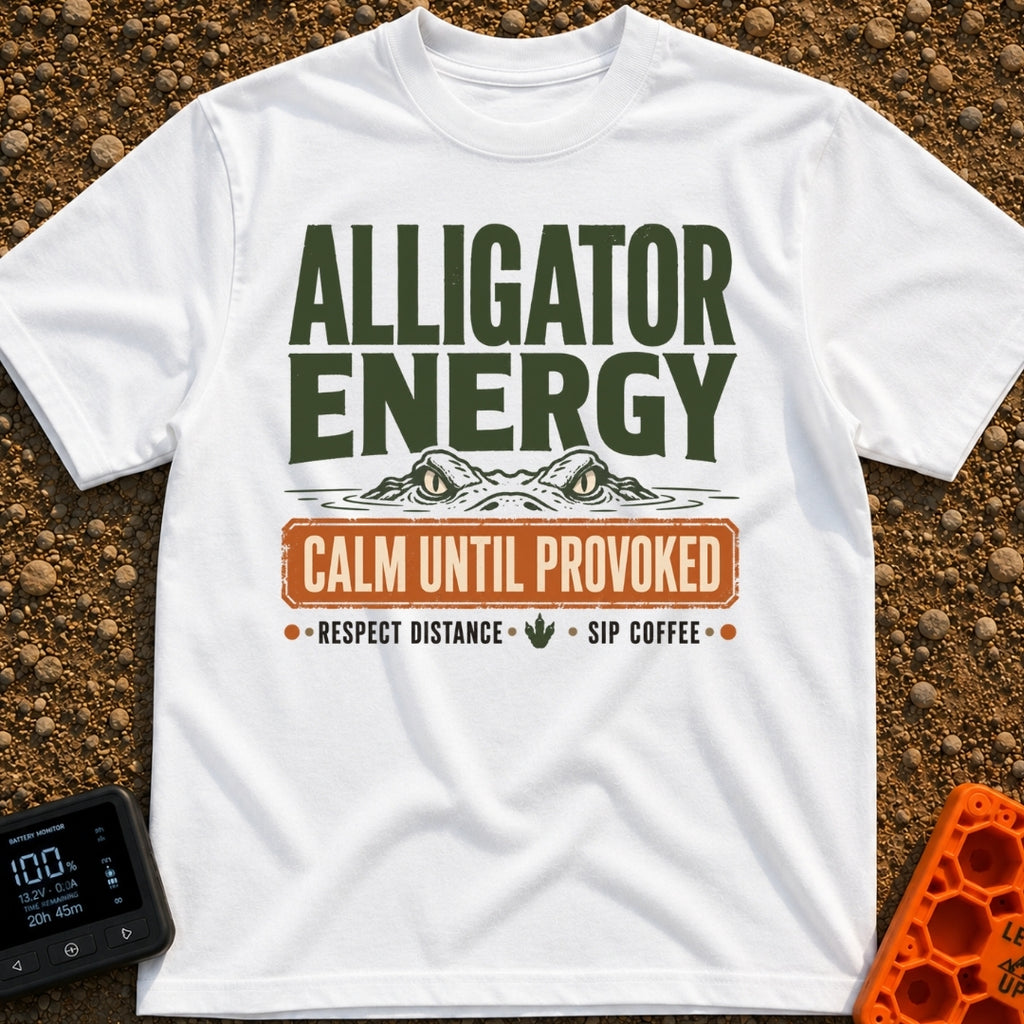 Calm Until Provoked - T-Shirt in White - The artwork features the top half of an alligator's head with its eyes peering...