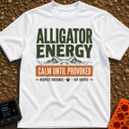 Calm Until Provoked - T-Shirt in White - The artwork features the top half of an alligator's head with its eyes peering...