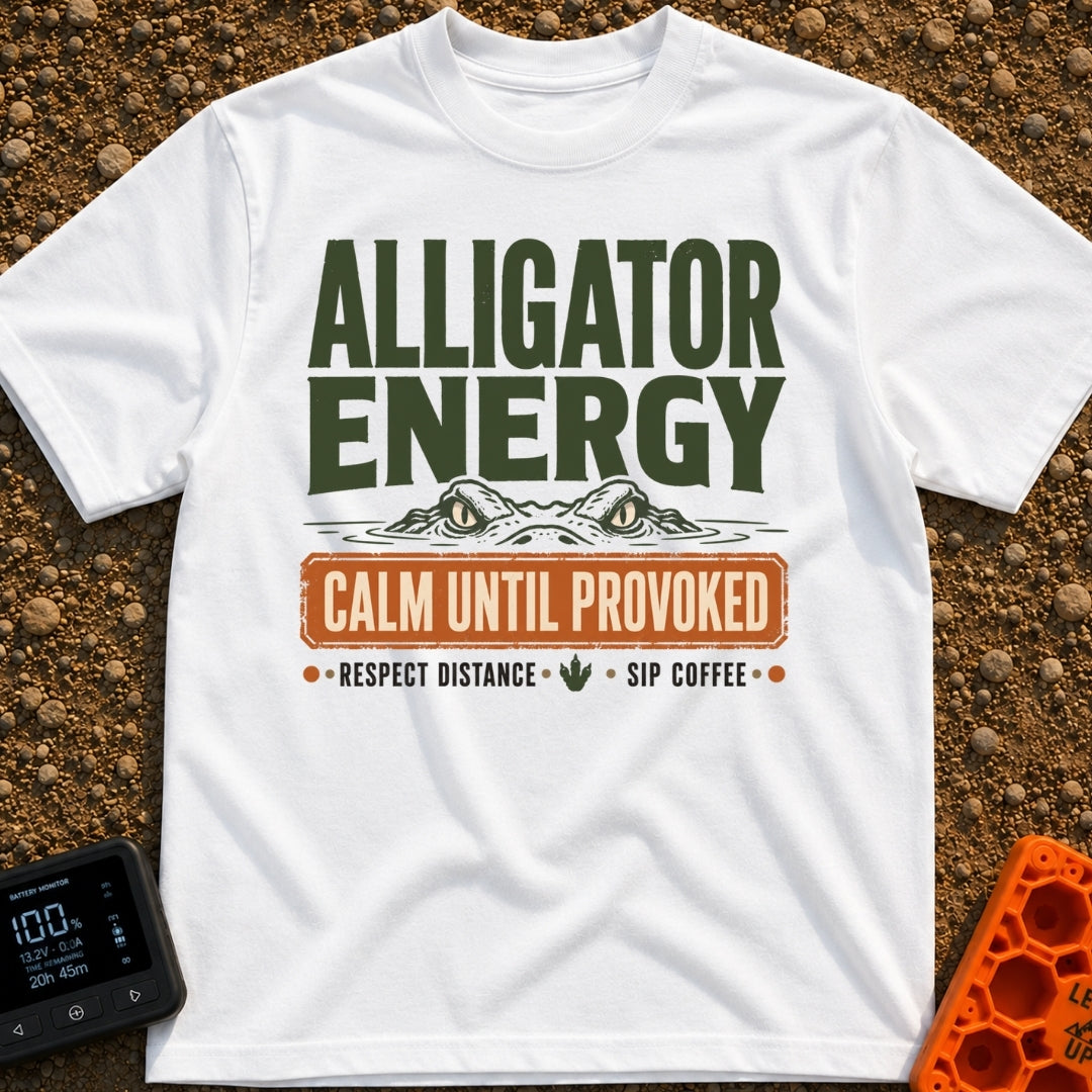 Calm Until Provoked - T-Shirt in White - The artwork features the top half of an alligator's head with its eyes peering...