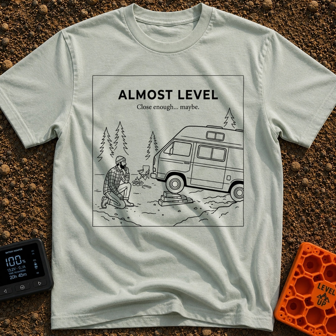 Looks Level From Here - T-Shirt in Bay - A black-and-white line drawing of a bearded man kneeling and thoughtfully...