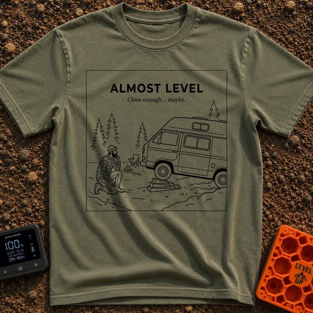 Looks Level From Here - T-Shirt in Moss - A black-and-white line drawing of a bearded man kneeling and thoughtfully...