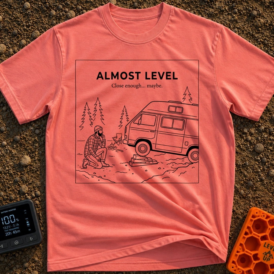 Looks Level From Here - T-Shirt in Watermelon - A black-and-white line drawing of a bearded man kneeling and thoughtfully...