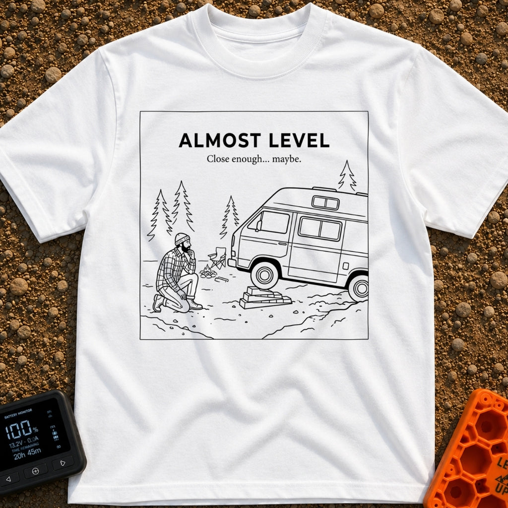 Looks Level From Here - T-Shirt in White - A black-and-white line drawing of a bearded man kneeling and thoughtfully...
