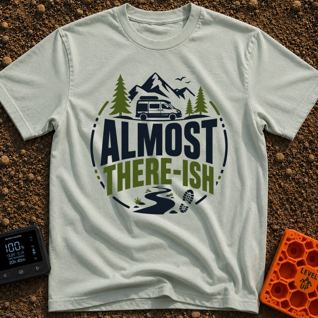 Are We There Ish - T-Shirt in Bay - A circular graphic design featuring the text 'ALMOST THERE-ISH' situated between an...