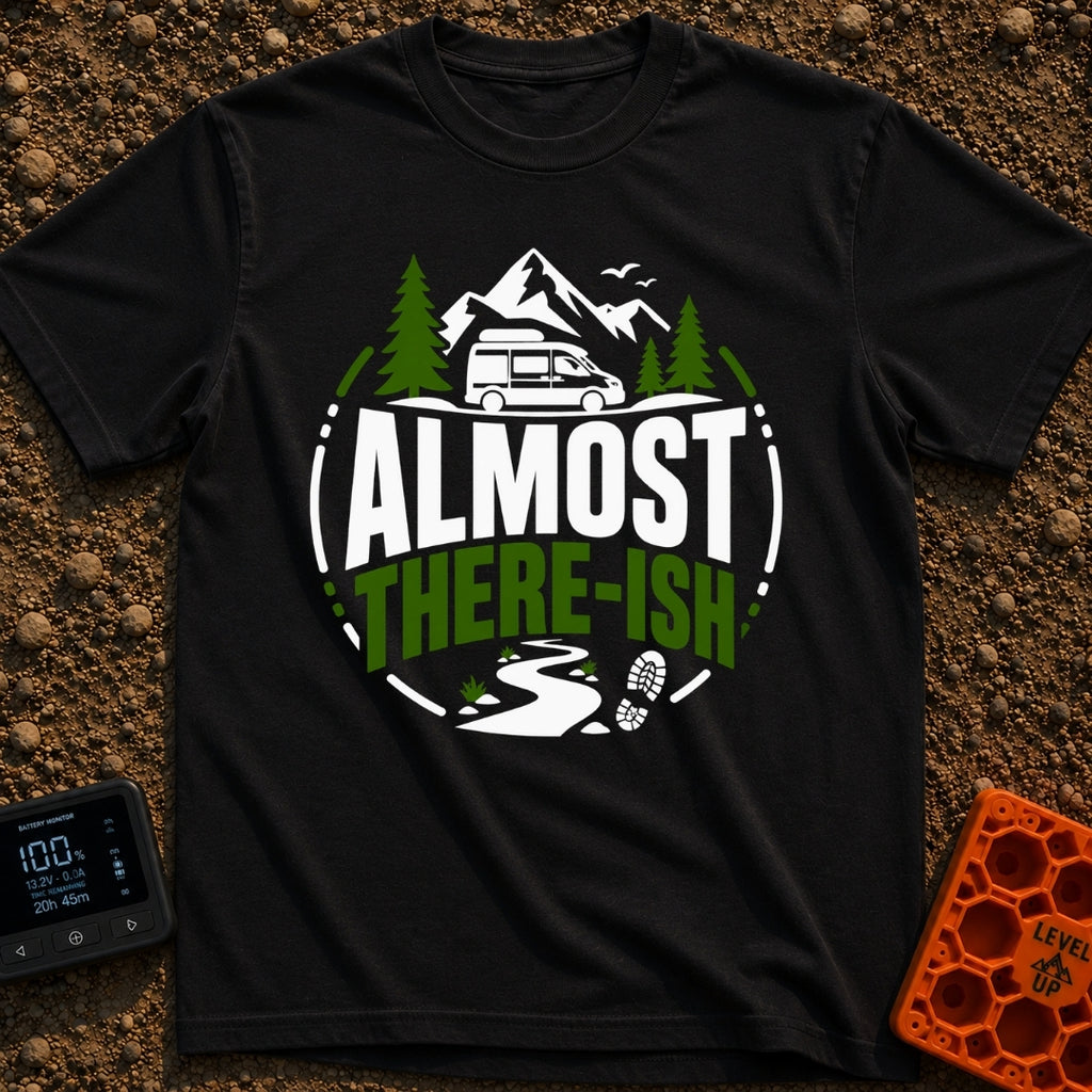 Are We There Ish - T-Shirt in Black - A circular graphic design featuring the text 'ALMOST THERE-ISH' situated between an...