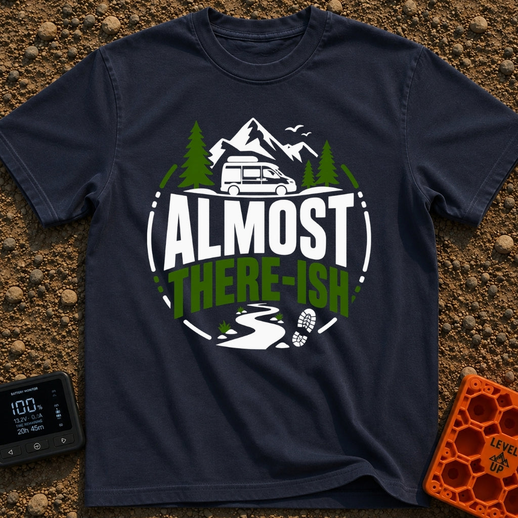 Are We There Ish - T-Shirt in Navy - A circular graphic design featuring the text 'ALMOST THERE-ISH' situated between an...
