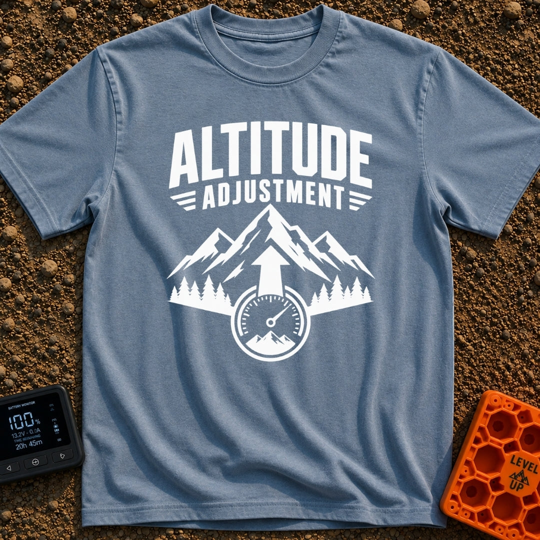 Altitude Adjustment Required - T-Shirt in Blue Jean - A black and white graphic featuring the text "ALTITUDE ADJUSTMENT"...