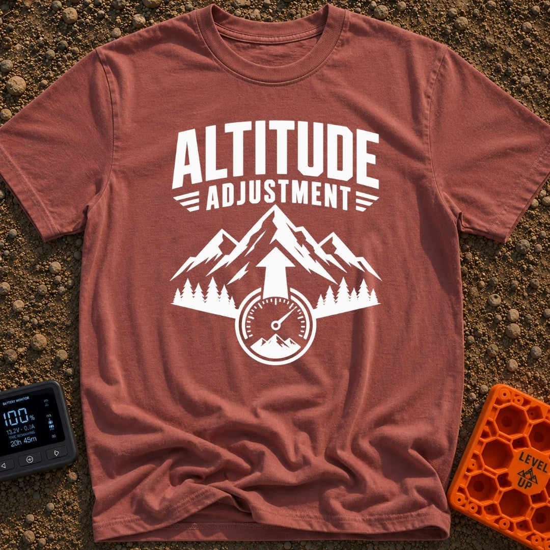 Altitude Adjustment Required - T-Shirt in Brick - A black and white graphic featuring the text "ALTITUDE ADJUSTMENT"...