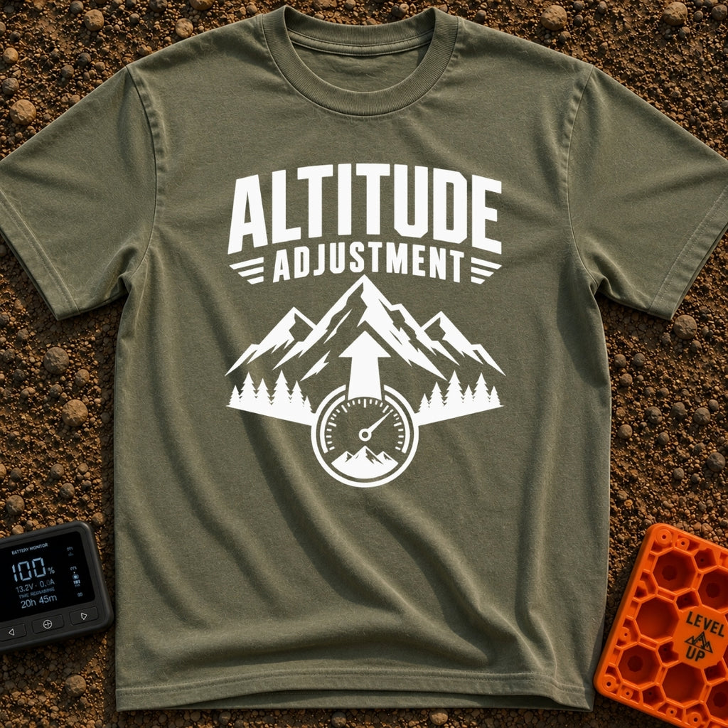 Altitude Adjustment Required - T-Shirt in Moss - A black and white graphic featuring the text "ALTITUDE ADJUSTMENT" above...