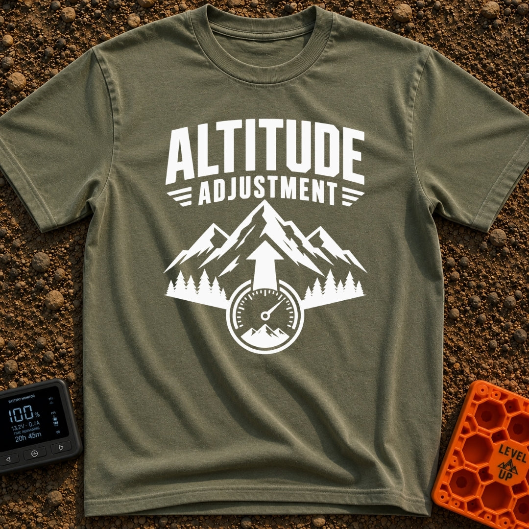 Altitude Adjustment Required - T-Shirt in Moss - A black and white graphic featuring the text "ALTITUDE ADJUSTMENT" above...