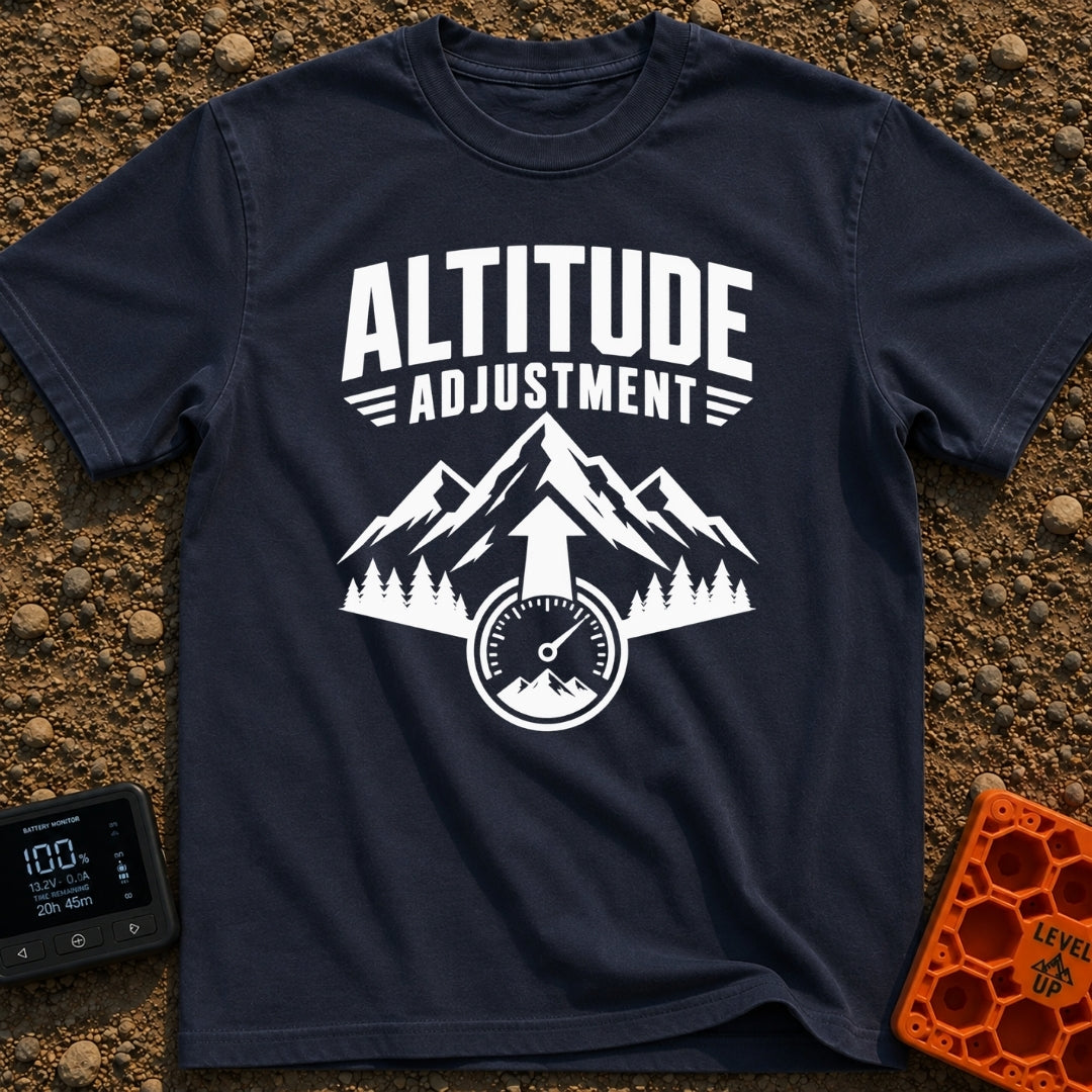 Altitude Adjustment Required - T-Shirt in Navy - A black and white graphic featuring the text "ALTITUDE ADJUSTMENT" above...