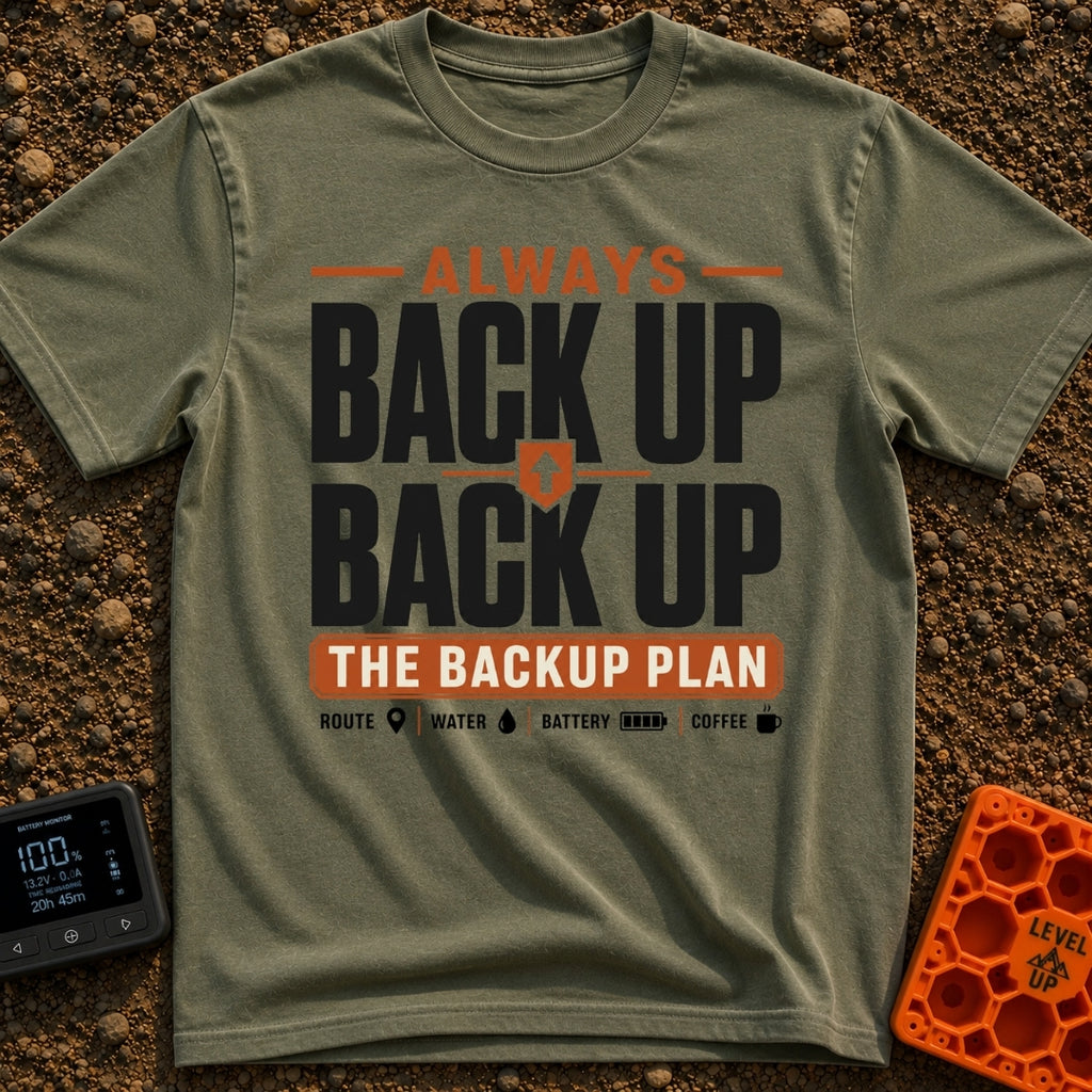 Back Up The Backup - T-Shirt in Moss - A typography-based design featuring the text "ALWAYS BACK UP BACK UP THE BACKUP...