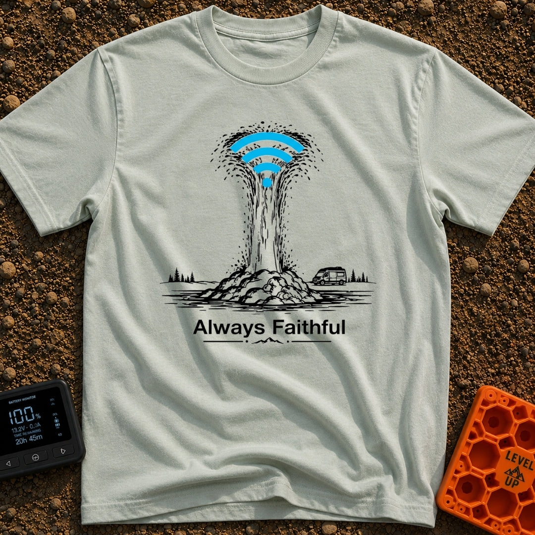 Faithful Wi-Fi Geyser - T-Shirt in Bay - A black and white illustration of a geyser erupting with a bright blue Wi-Fi...