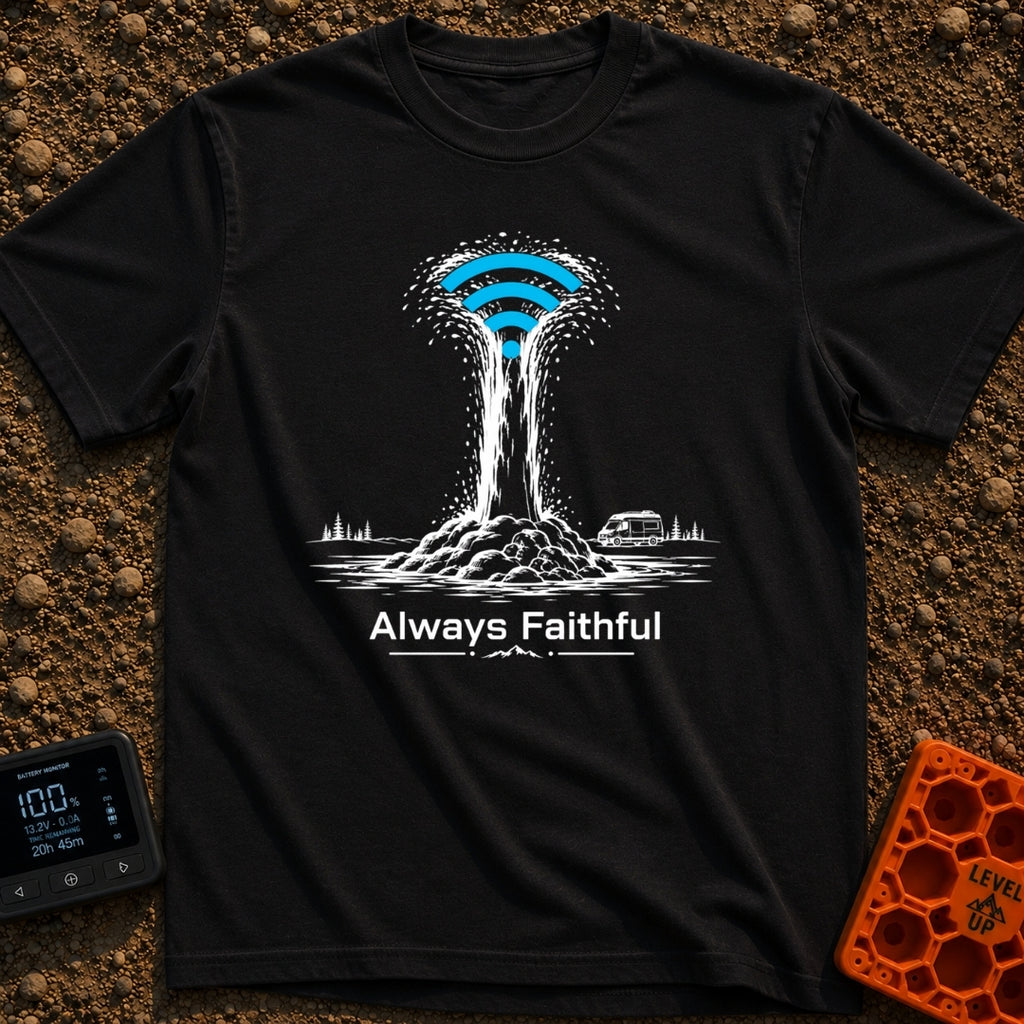 Faithful Wi-Fi Geyser - T-Shirt in Black - A black and white illustration of a geyser erupting with a bright blue Wi-Fi...
