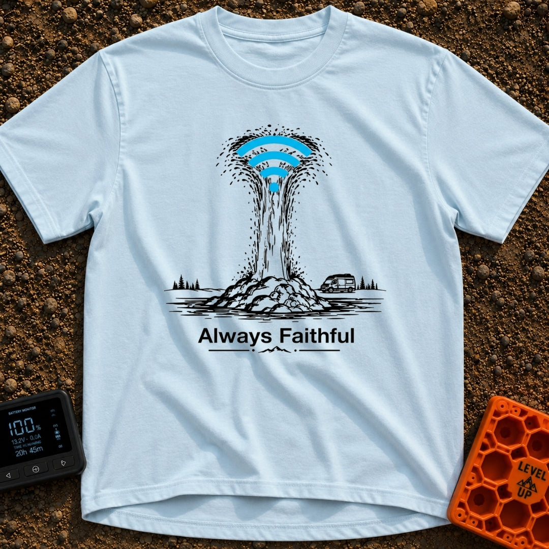 Faithful Wi-Fi Geyser - T-Shirt in Chambray - A black and white illustration of a geyser erupting with a bright blue...