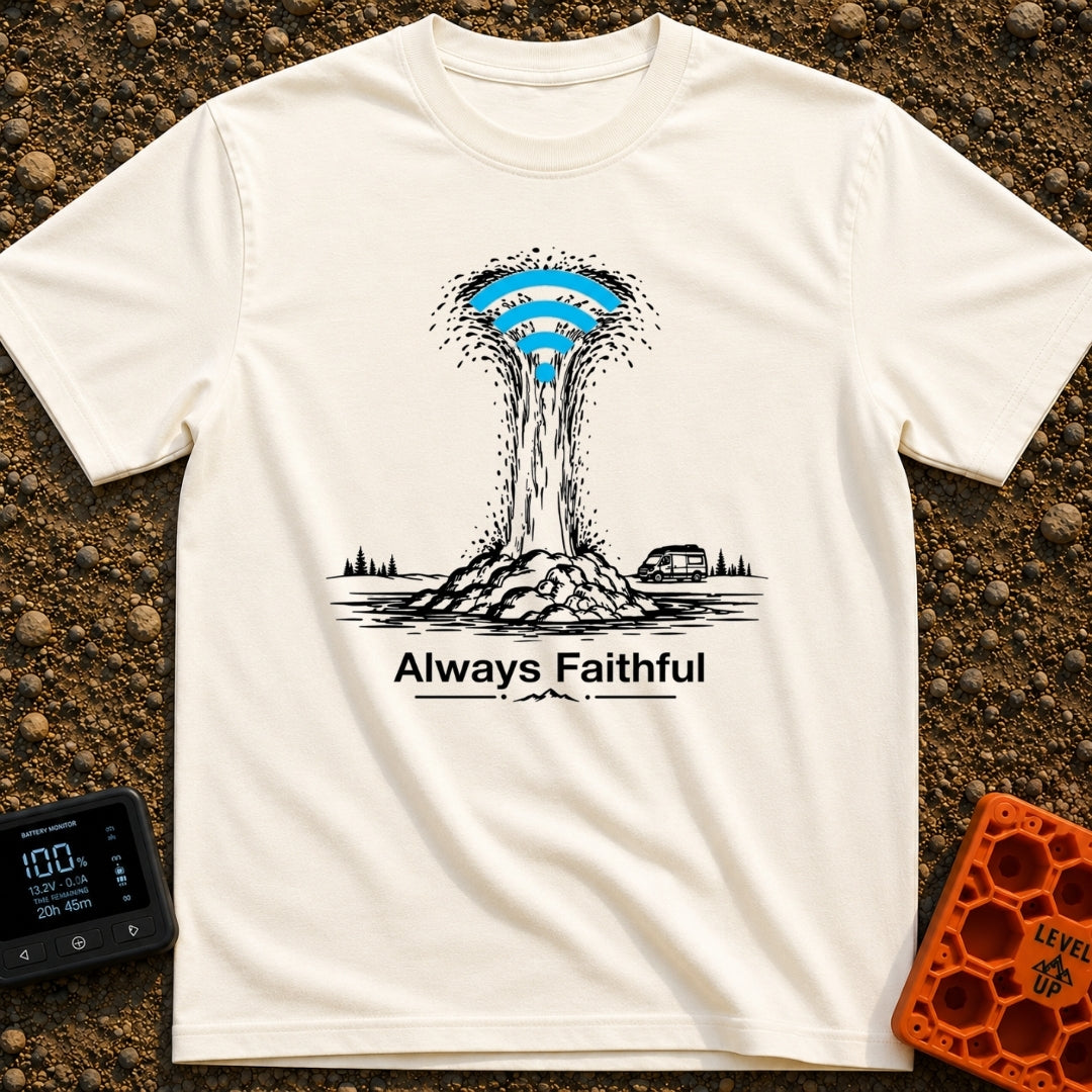 Faithful Wi-Fi Geyser - T-Shirt in Ivory - A black and white illustration of a geyser erupting with a bright blue Wi-Fi...
