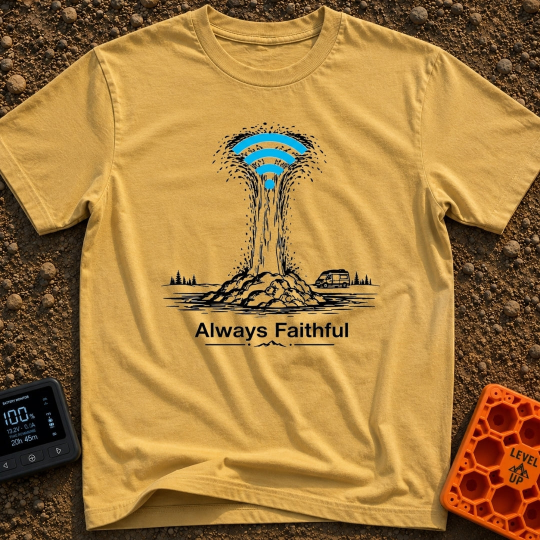 Faithful Wi-Fi Geyser - T-Shirt in Mustard - A black and white illustration of a geyser erupting with a bright blue Wi-Fi...