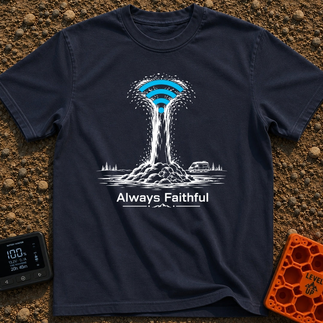Faithful Wi-Fi Geyser - T-Shirt in Navy - A black and white illustration of a geyser erupting with a bright blue Wi-Fi...