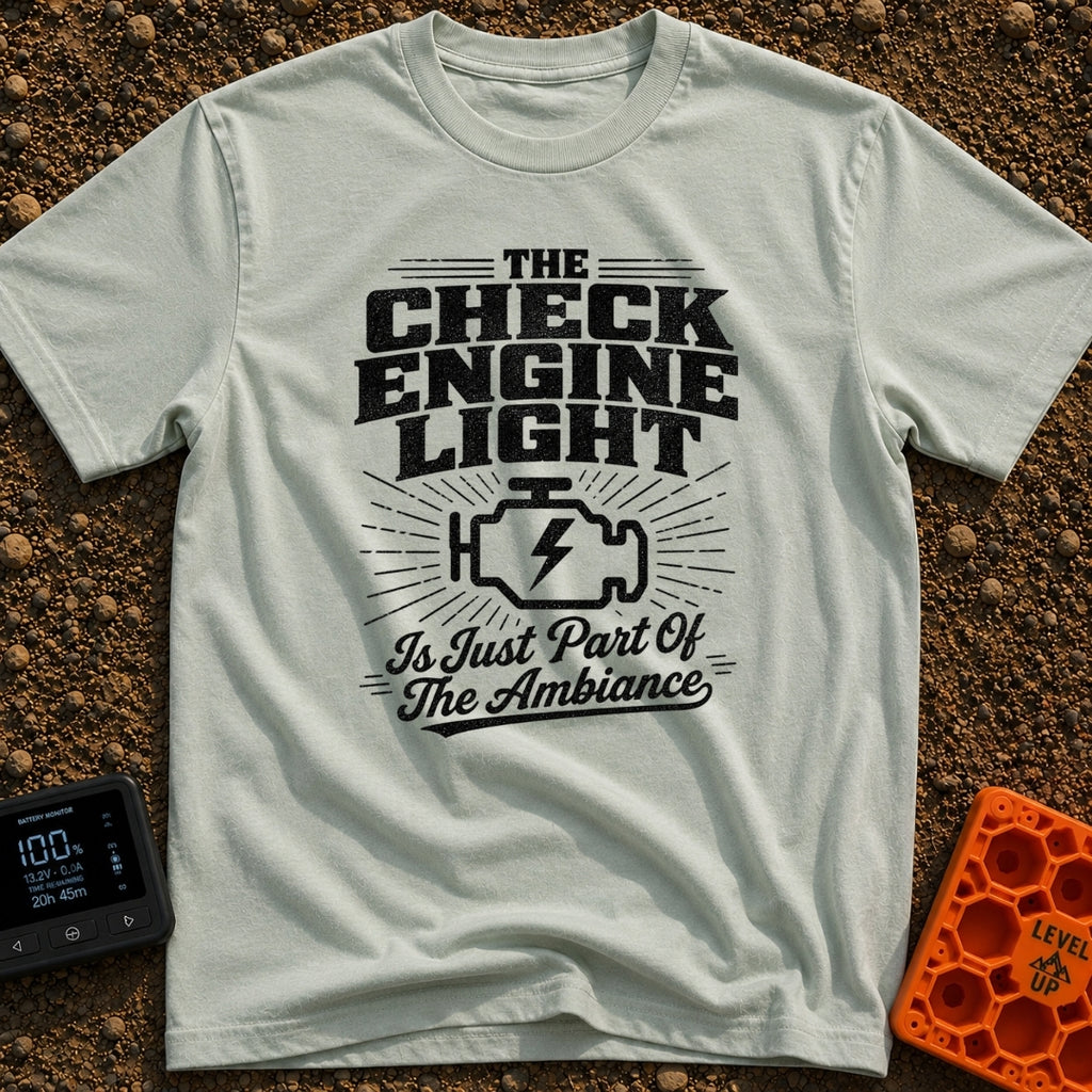 Check Engine Night Light - T-Shirt in Bay - A distressed typographic design that reads "THE CHECK ENGINE LIGHT Is Just...