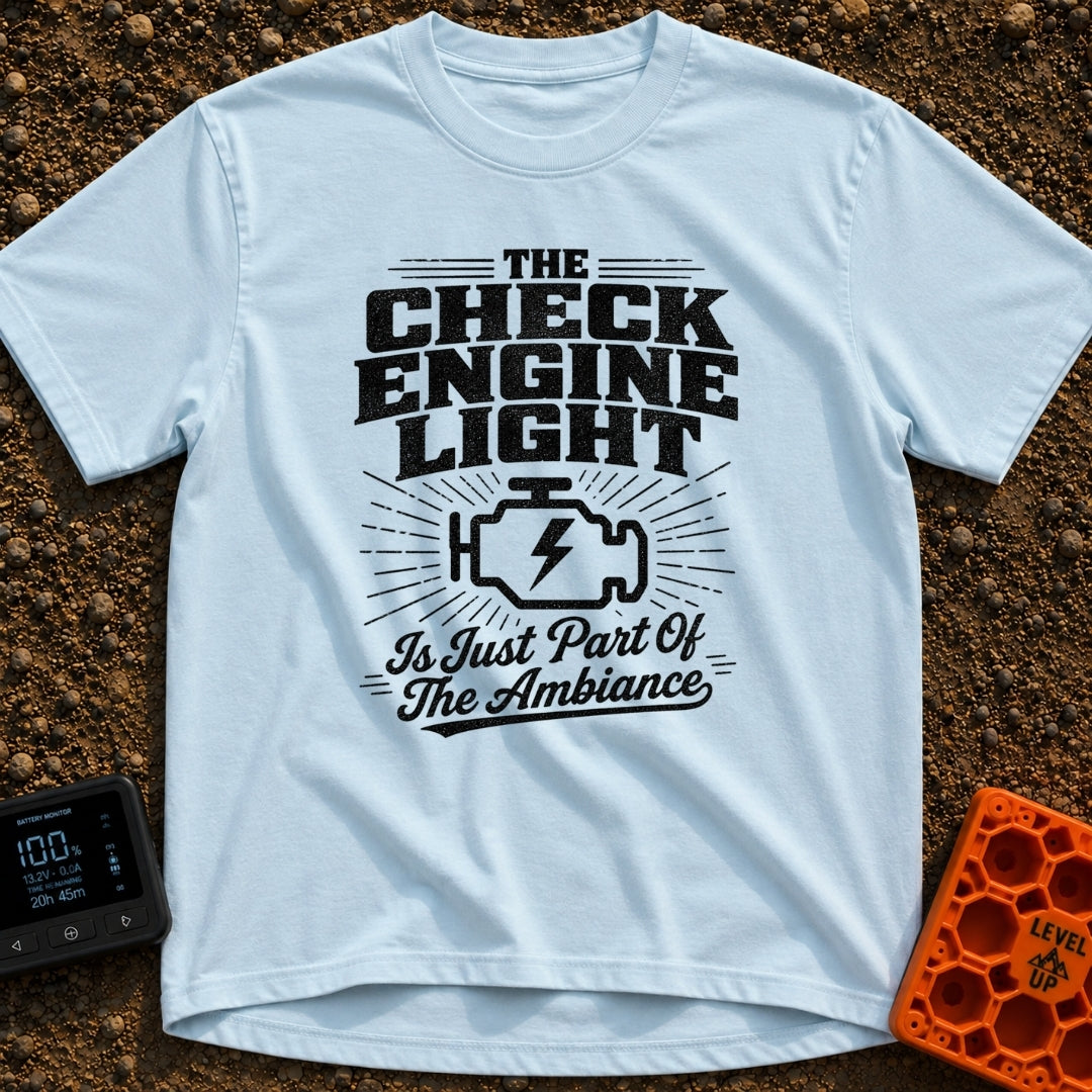 Check Engine Night Light - T-Shirt in Chambray - A distressed typographic design that reads "THE CHECK ENGINE LIGHT Is...