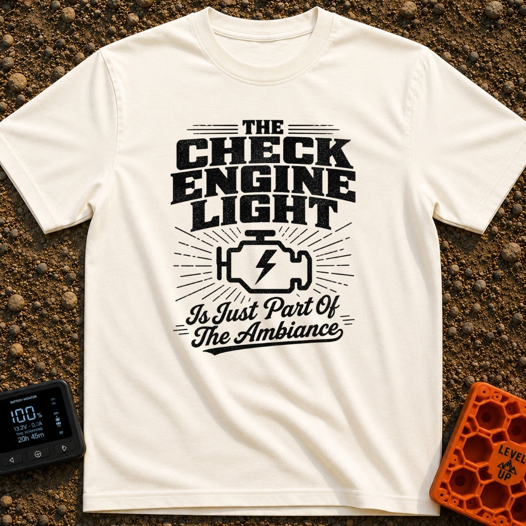 Check Engine Night Light - T-Shirt in Ivory - A distressed typographic design that reads "THE CHECK ENGINE LIGHT Is Just...