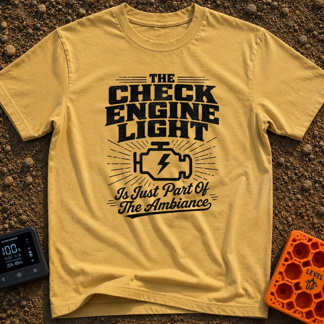 Check Engine Night Light - T-Shirt in Mustard - A distressed typographic design that reads "THE CHECK ENGINE LIGHT Is...