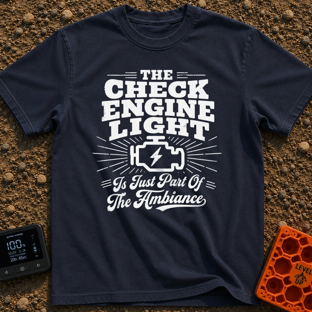Check Engine Night Light - T-Shirt in Navy - A distressed typographic design that reads "THE CHECK ENGINE LIGHT Is Just...