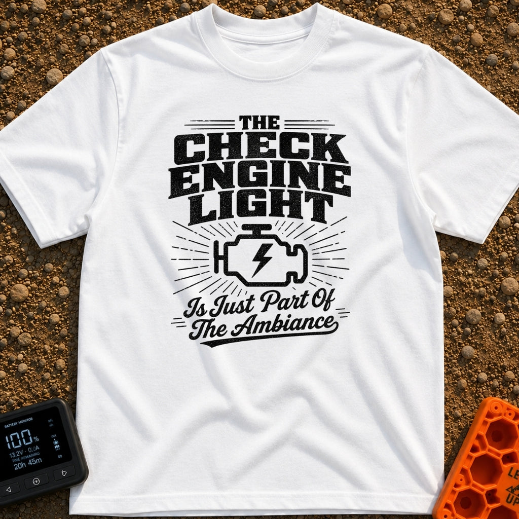Check Engine Night Light - T-Shirt in White - A distressed typographic design that reads "THE CHECK ENGINE LIGHT Is Just...
