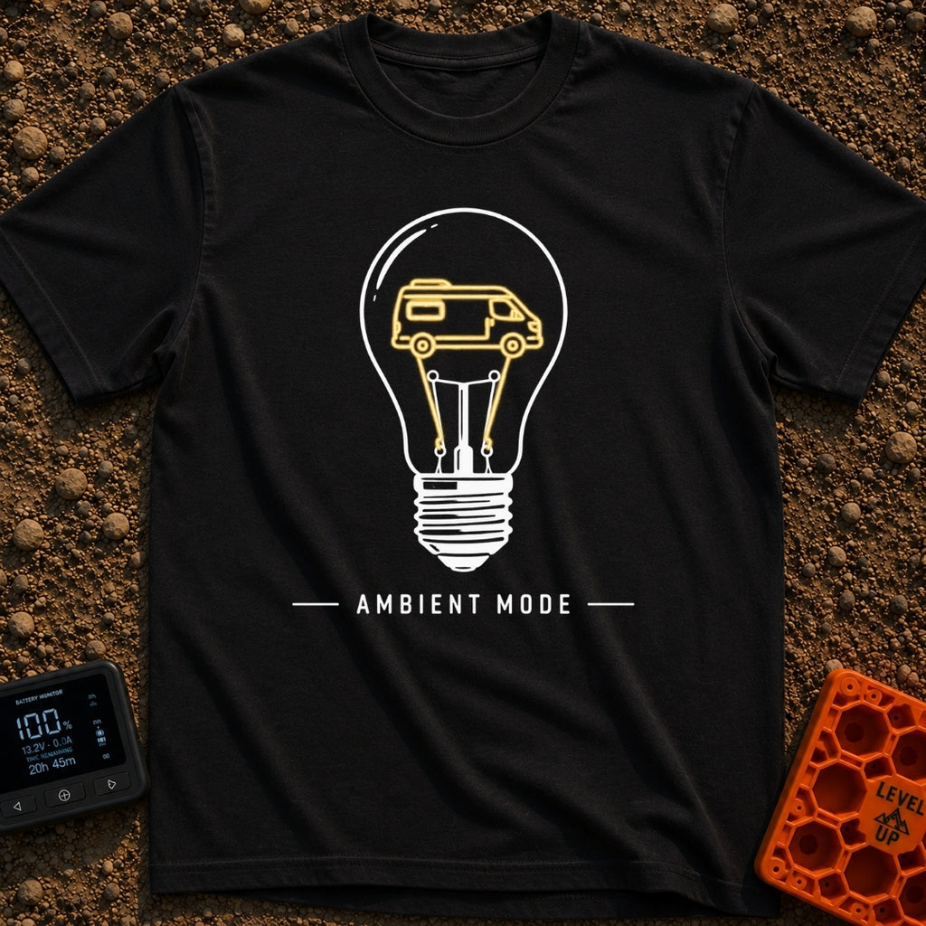 Switch To Ambient Mode - T-Shirt in Black - A black and white line drawing of a standard lightbulb featuring a glowing...